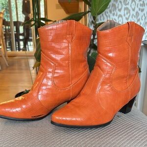 Orange Croc-Embossed Ankle Boots